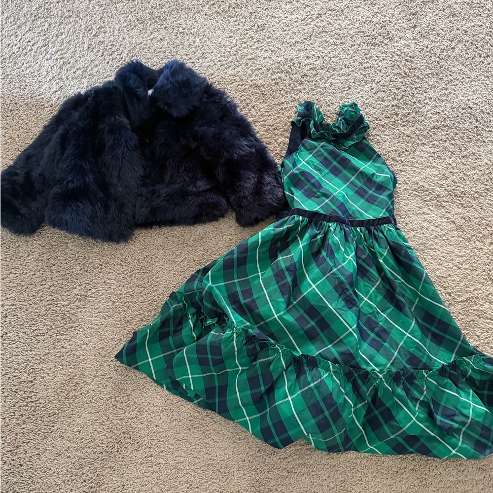 Janie and Jack Green Plaid Dress with Navy Fur Jacket